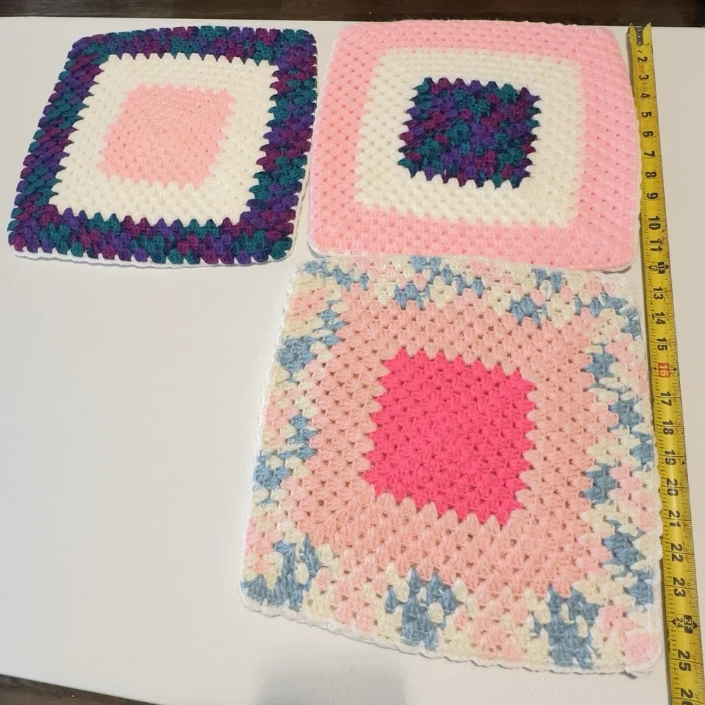 Set 3 Vtg Large Handmade Crochet Hot Pad Trivet Multicolored Thick Double Layers